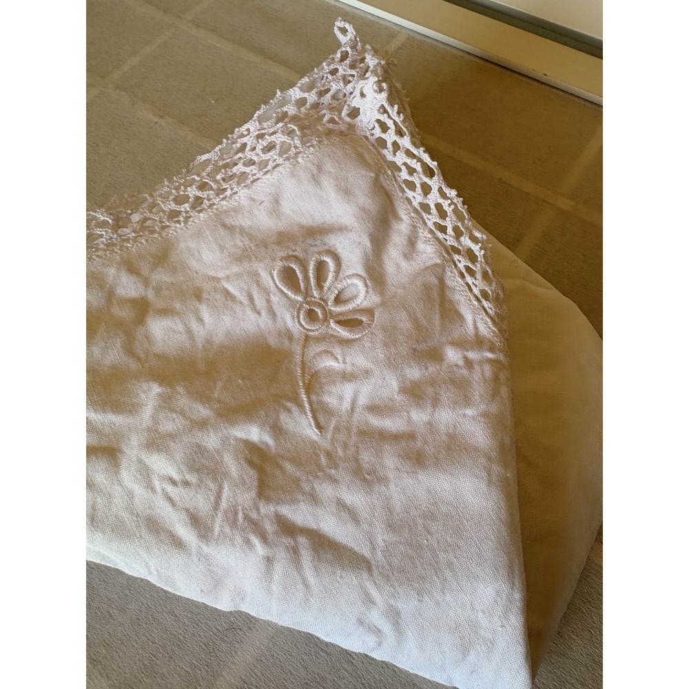 Vintage White Linen Table Napkin 17" Crochet Lace Trim Eyelet Flower Cottagecore